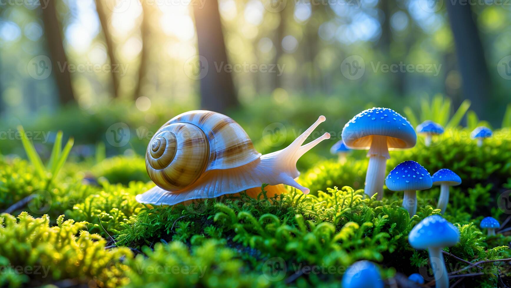 Snail Crawling on Moss with Blue Mushrooms in Forest Sunlight photo