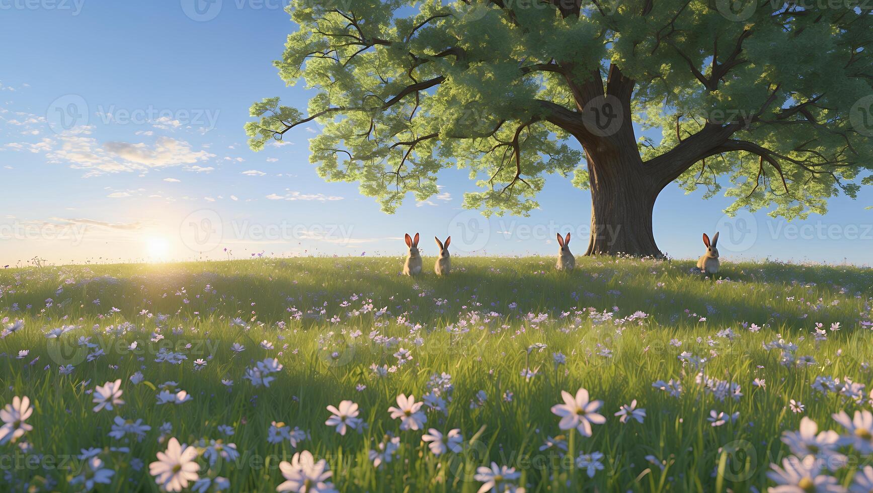 Rabbits Gathering Under a Large Tree in a Sunny Meadow photo