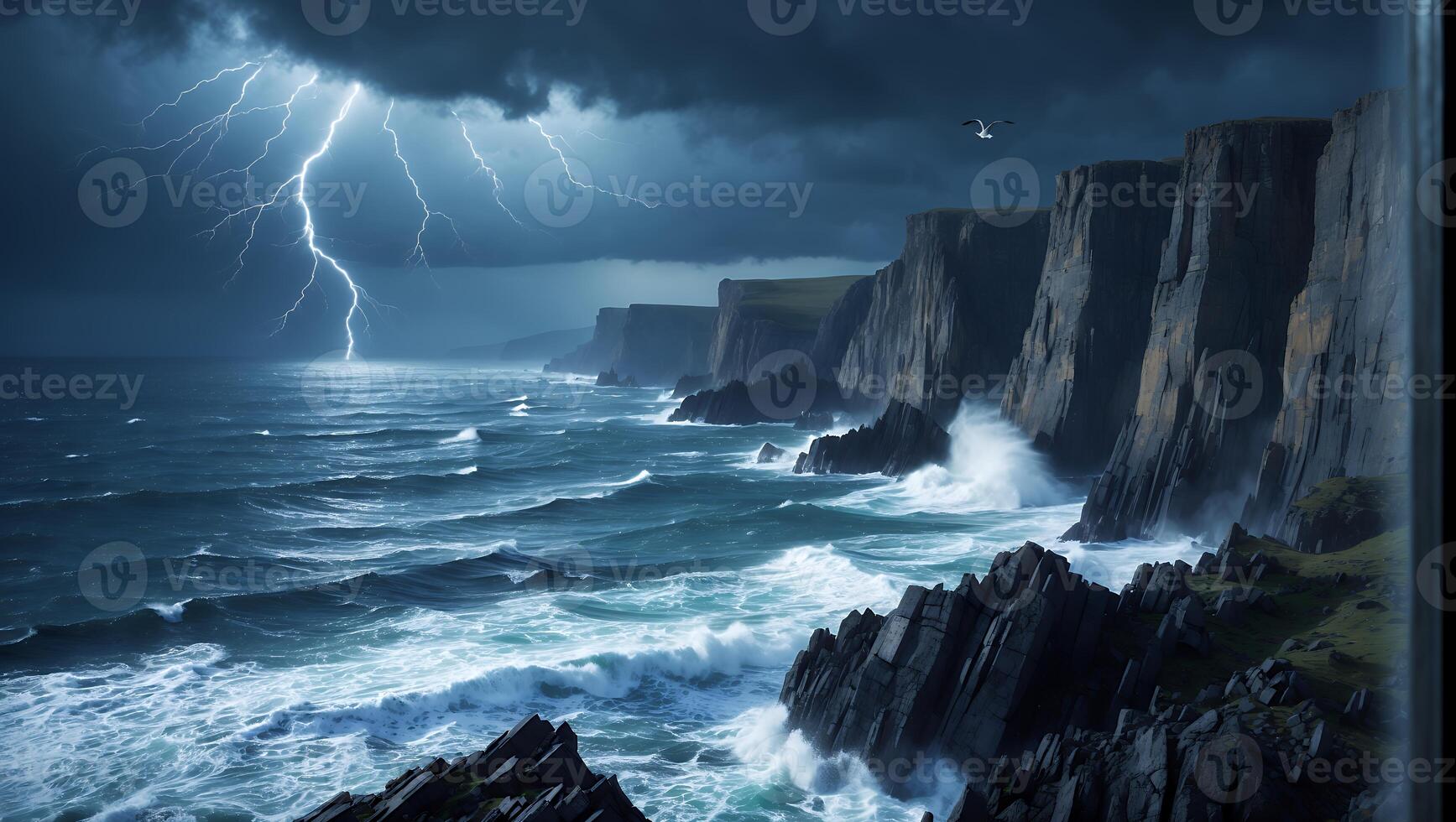Dramatic Coastal Cliffs and Ocean Waves with Lightning Strike Scene photo