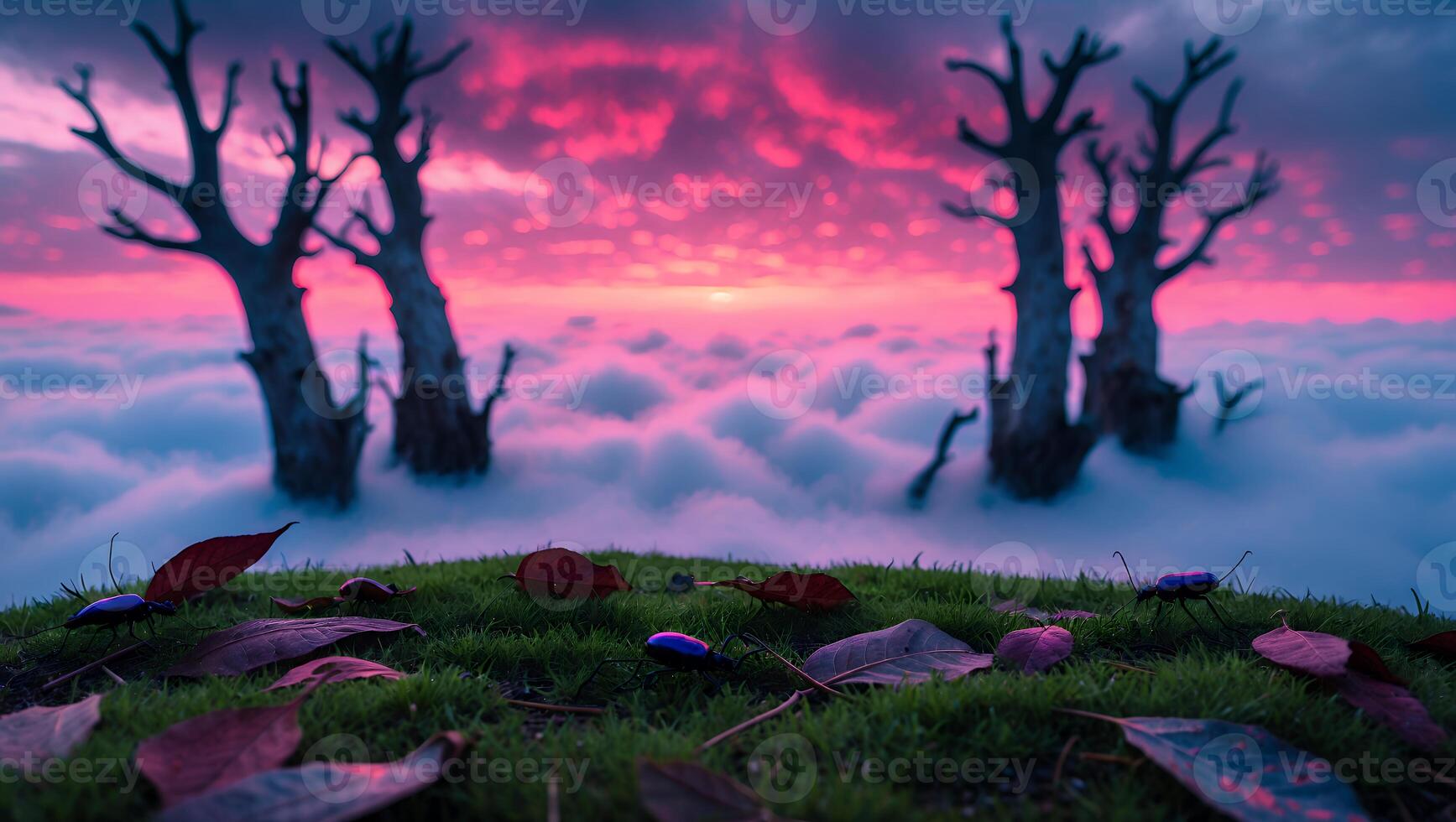 Surreal Landscape with Trees, Clouds, Sunset, and Beetles on Grass photo
