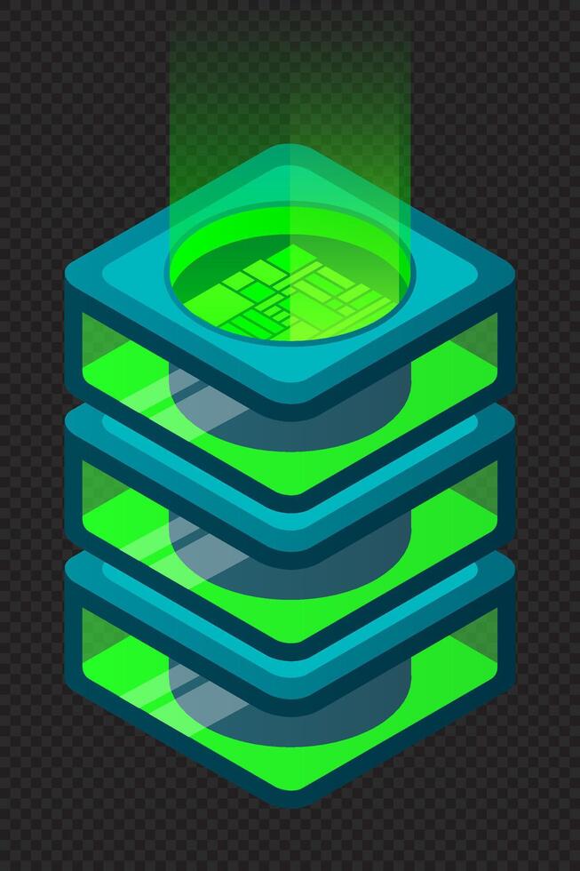 Isometric database. Isometric futuristic server. Big data isometric. Cloud computing and file cloud storage. Isometric, vector