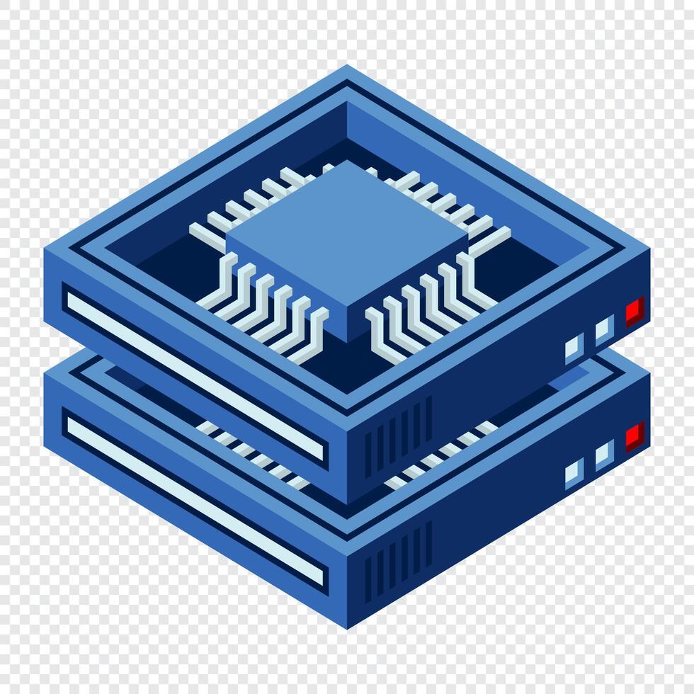Isometric futuristic server. Isometric database or data center. Abstract blockchain. Computer storage. Cloud vector
