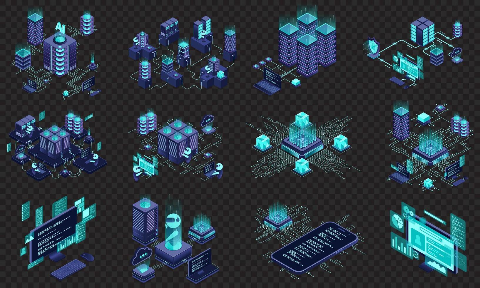 Set of isometric modern technology concept for cloud computing, datacenter, database, artificial intelligence, and blockchain technology, vector