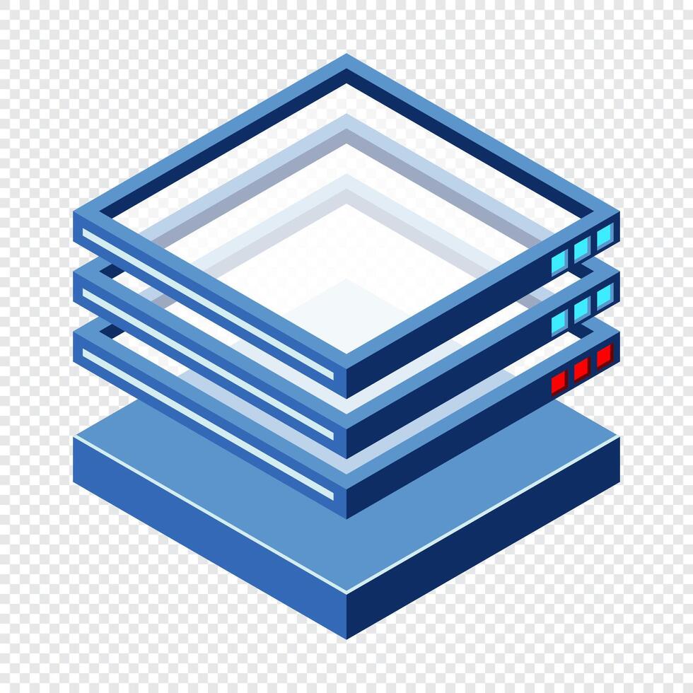 Isometric futuristic server. Isometric database or data center. Abstract blockchain. Computer storage. Cloud, vector