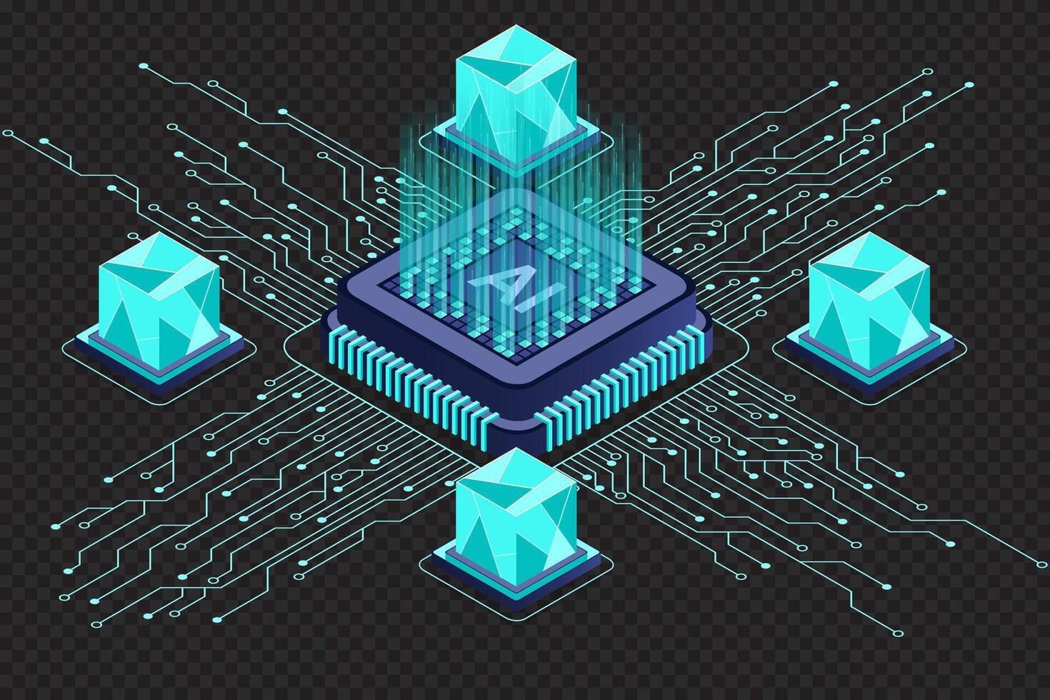Isometric artificial intelligence chip concept. Artificial intelligence concept. Futuristic microchip processor. Isometric technology vector