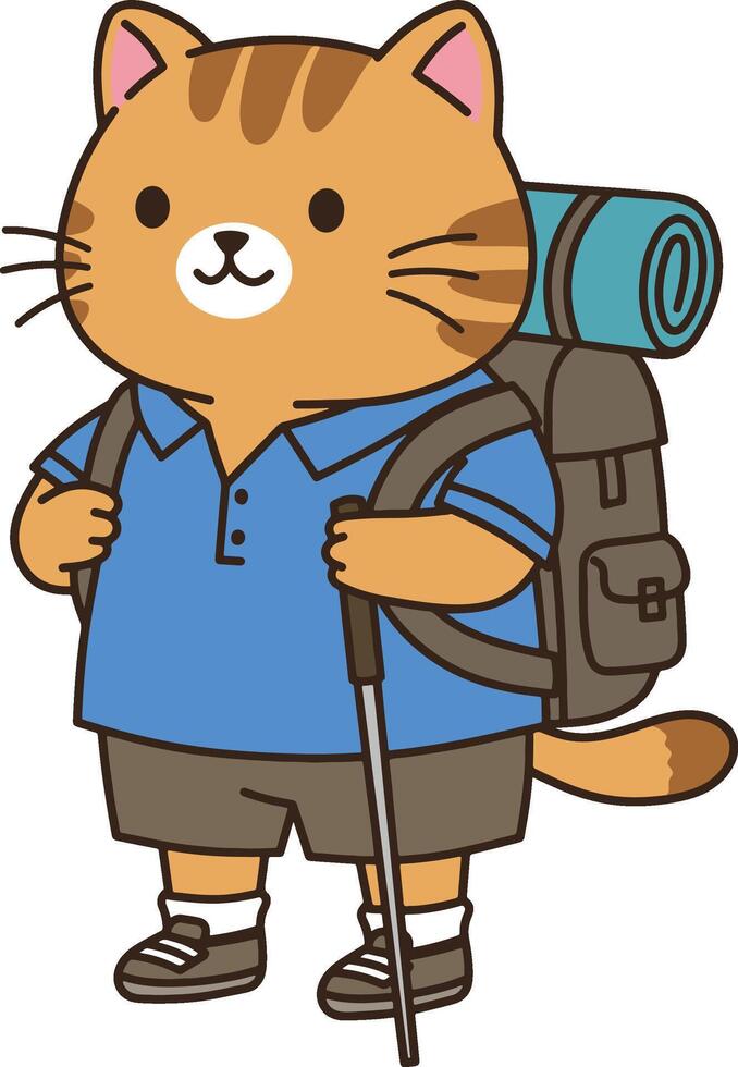 Cartoon Cat Hiker with Backpack and Walking Stick vector