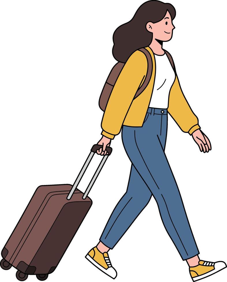 Woman with suitcase walking on a trip Illustration vector