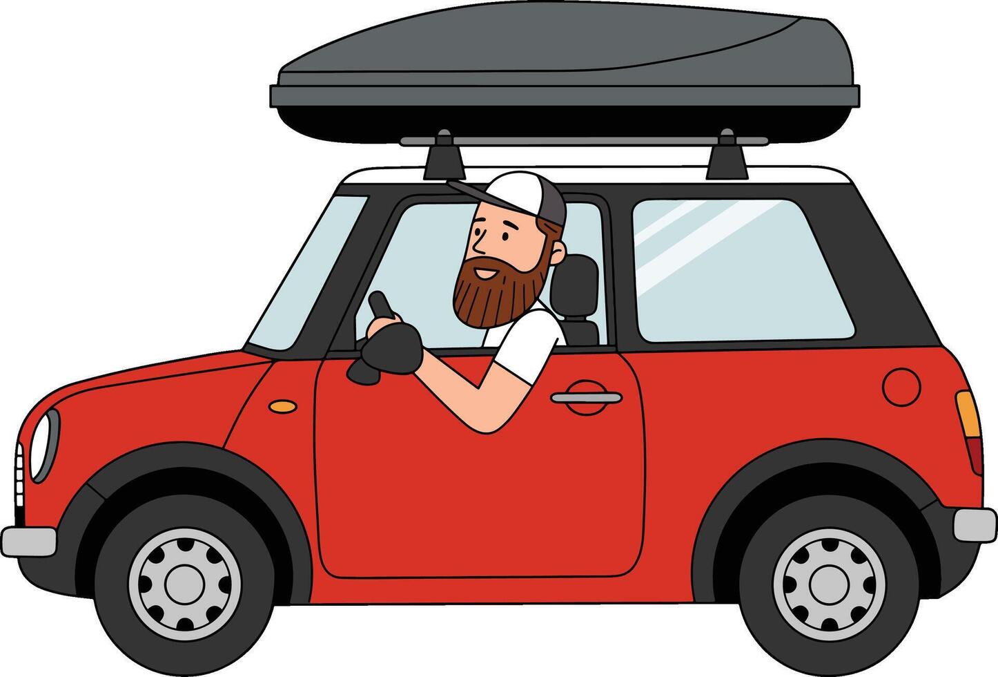 Man driving a red mini cooper with roof box illustration vector