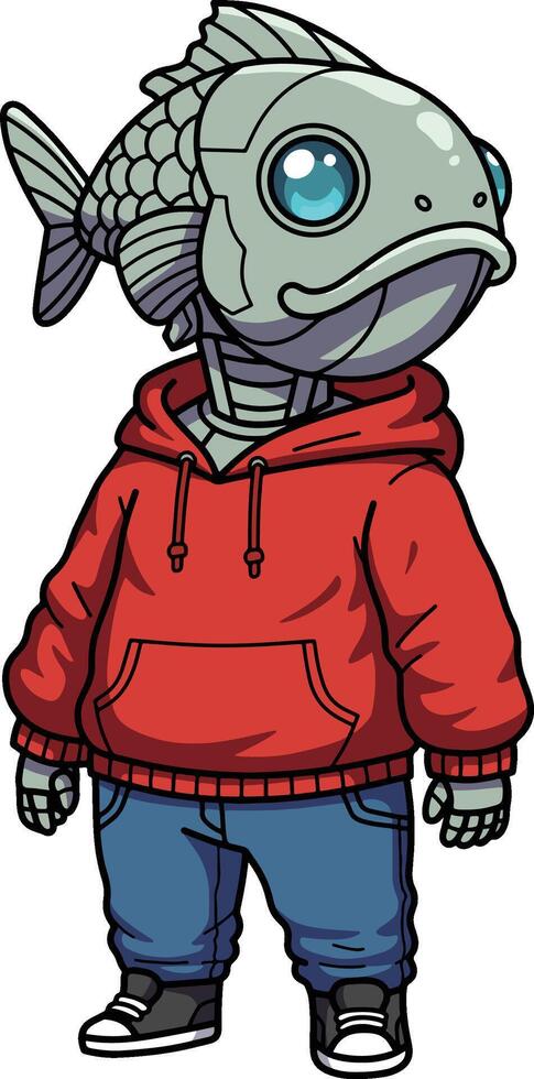 Robofish in Red Hoodie A Futuristic Cartoon Character vector