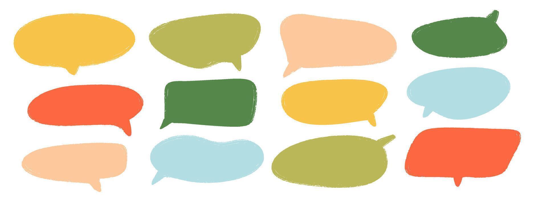 Colored hand drawn speech bubble collection. Doodled dialog box set. Scribbled textured marker comic talk frames. Bright sketched chat box pack. Red, blue, green balloon text box bundle. vector