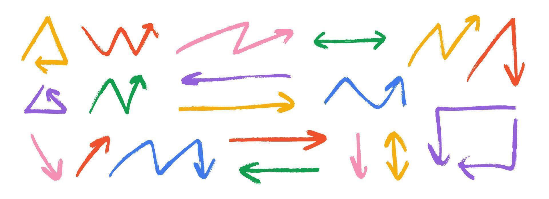 Hand drawn crayon arrow collection. Colorful zig zag and straight doodle arrows set. Charcoal sketch angled pointers and direction lines. Pastel pencil, chalk or marker brush stroke elements vector