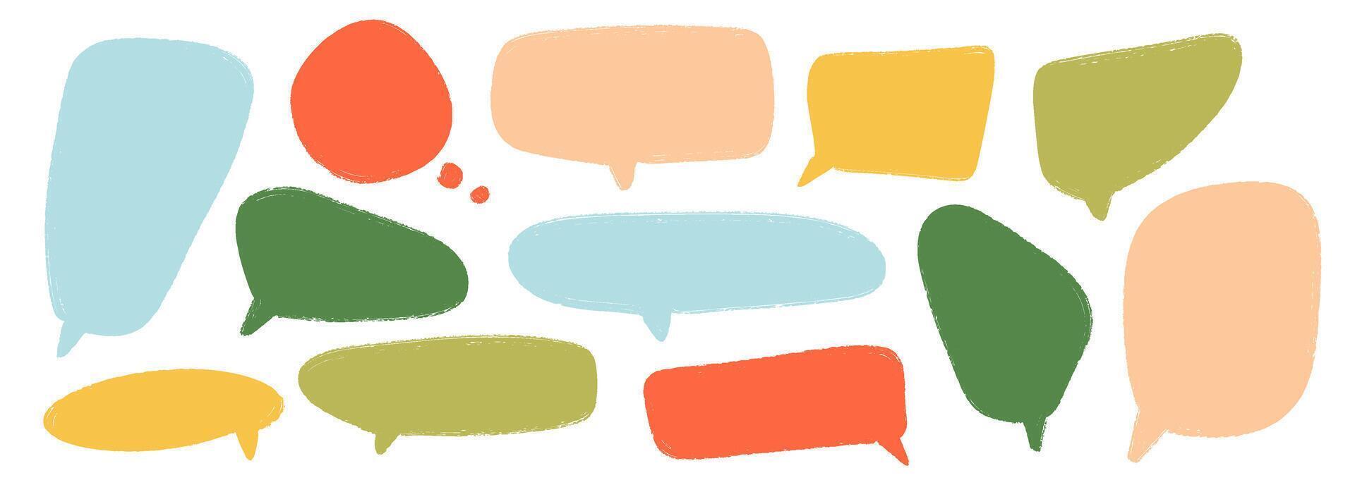 Colored hand drawn speech bubble collection. Playful Doodled marker dialog box set. Scribbled textured comic talk frames. Bright sketched chat box pack. Different balloon text box bundle. vector