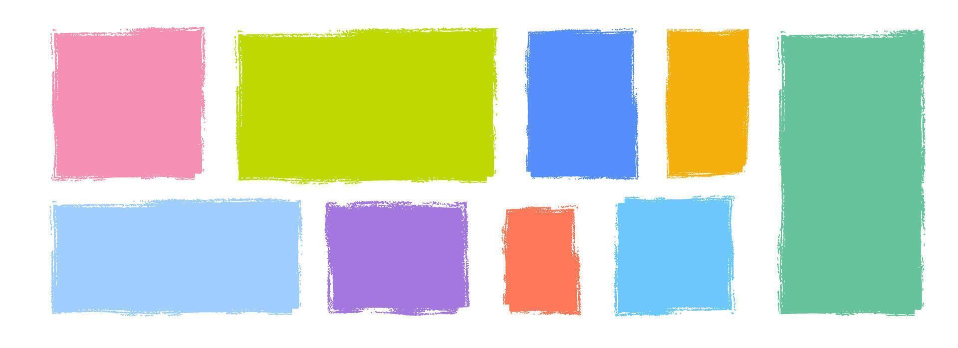 Colorful crayon text box set. Hand drawn rectangle and square sticker shape collection. Rough edge geometric patch pack. Doodled borders and frames. Bright painted elements for collage, banner vector