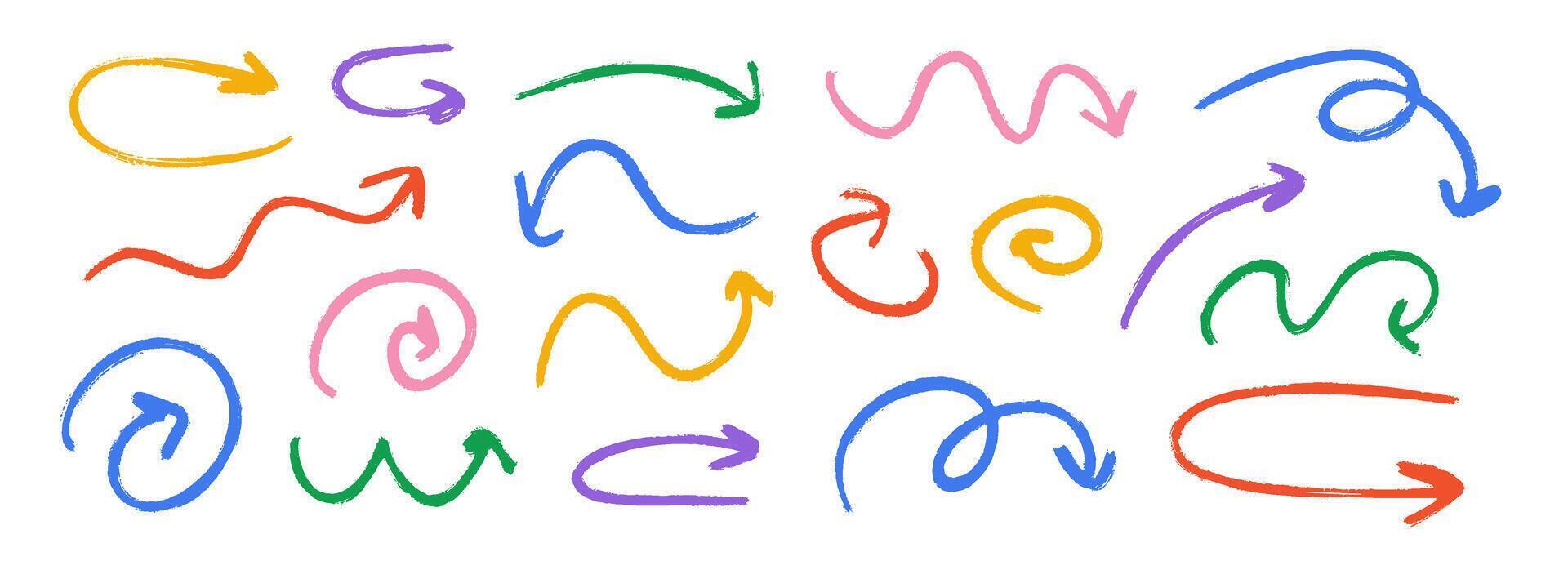 Hand drawn crayon wavy arrow collection. Colored curved, wiggle and squiggle doodled arrows set. Charcoal sketch pointer and direction lines. Pastel pencil, chalk or marker brush strokes vector