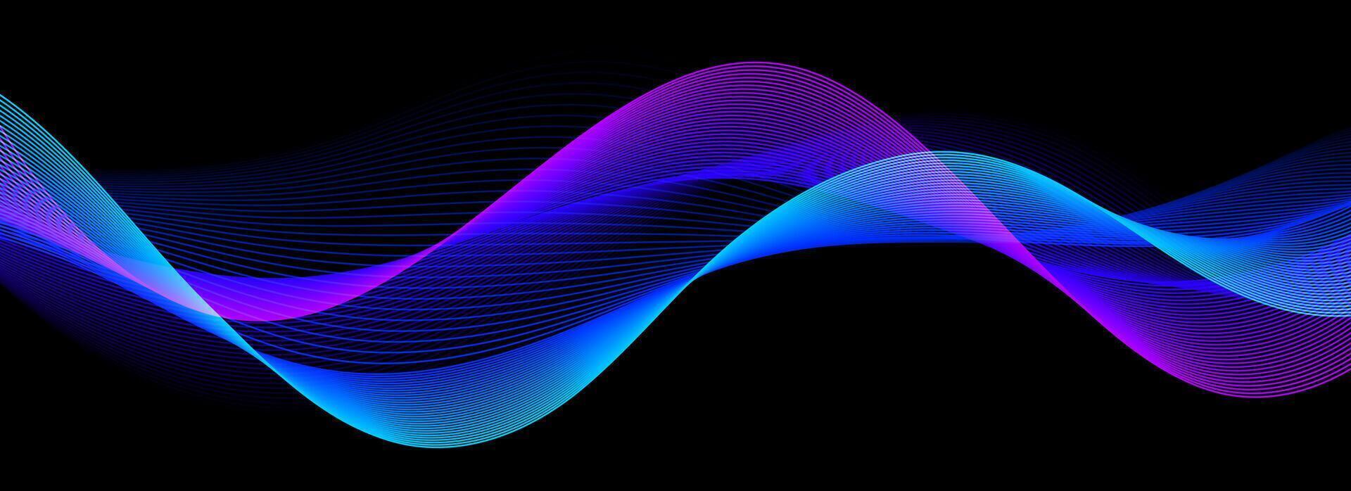 Blue purple neon sound wave on black background. Abstract flowing wavy dot line design for ai concept, equalizer, audio record, voice assistant. Glowing gradient dashed curve stripe wallpaper vector