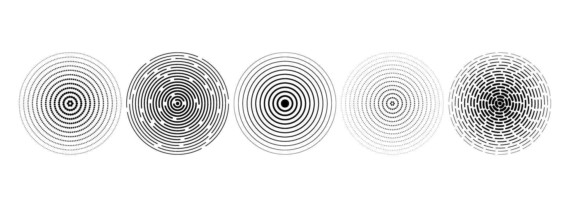 Black linear concentric circles. Dotted and dashed round sound wave collection. Epicenter, target, radar, sonar icon concept. Halftone radial radio signal or vibration element pack. vector