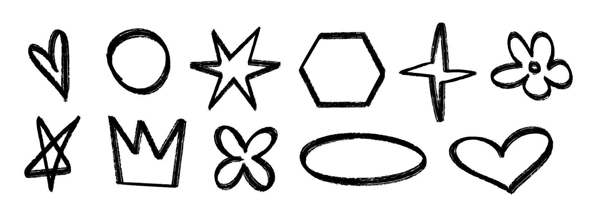 Black hand drawn crayon shape set. Charcoal geometric doodle collection. Black pastel pencil texture form pack for sticker, patch, badge. Sketch outline flower, crown, star, heart elements vector