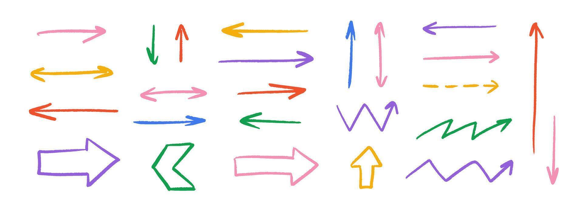 Colorful hand drawn crayon arrow collection. Straight zig zag and dash doodle arrows set. Charcoal sketch pointers and direction lines. Pastel pencil, chalk or marker brush stroke elements vector