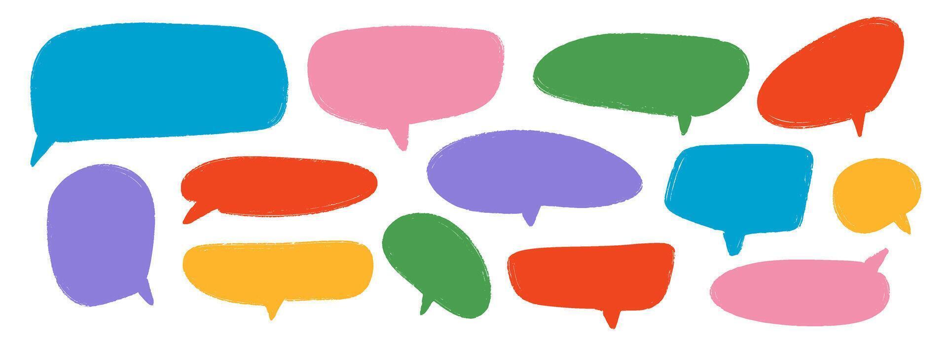 Colored hand drawn speech bubble collection. Doodled marker dialog box set. Scribbled textured comic talk frames. Bright sketched chat box pack. Red, blue, green balloon text box bundle vector