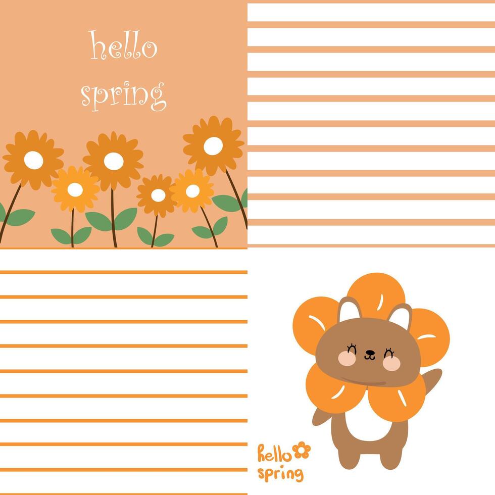 Set of card and pattern cartoon bunny with sunflowers. cute animal drawing for spring wallpaper and background vector