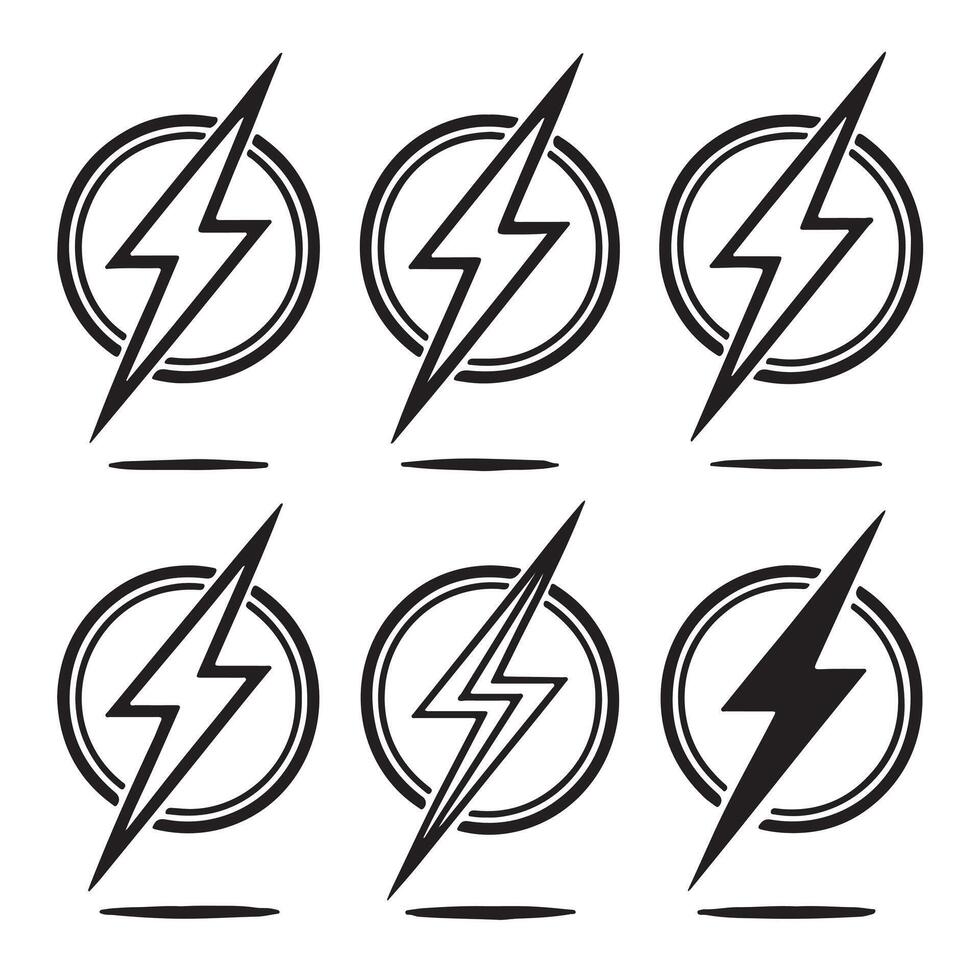 Six Stylish Black and White Lightning Bolt Icons in Circles Energetic Design Elements for Branding and Websites vector