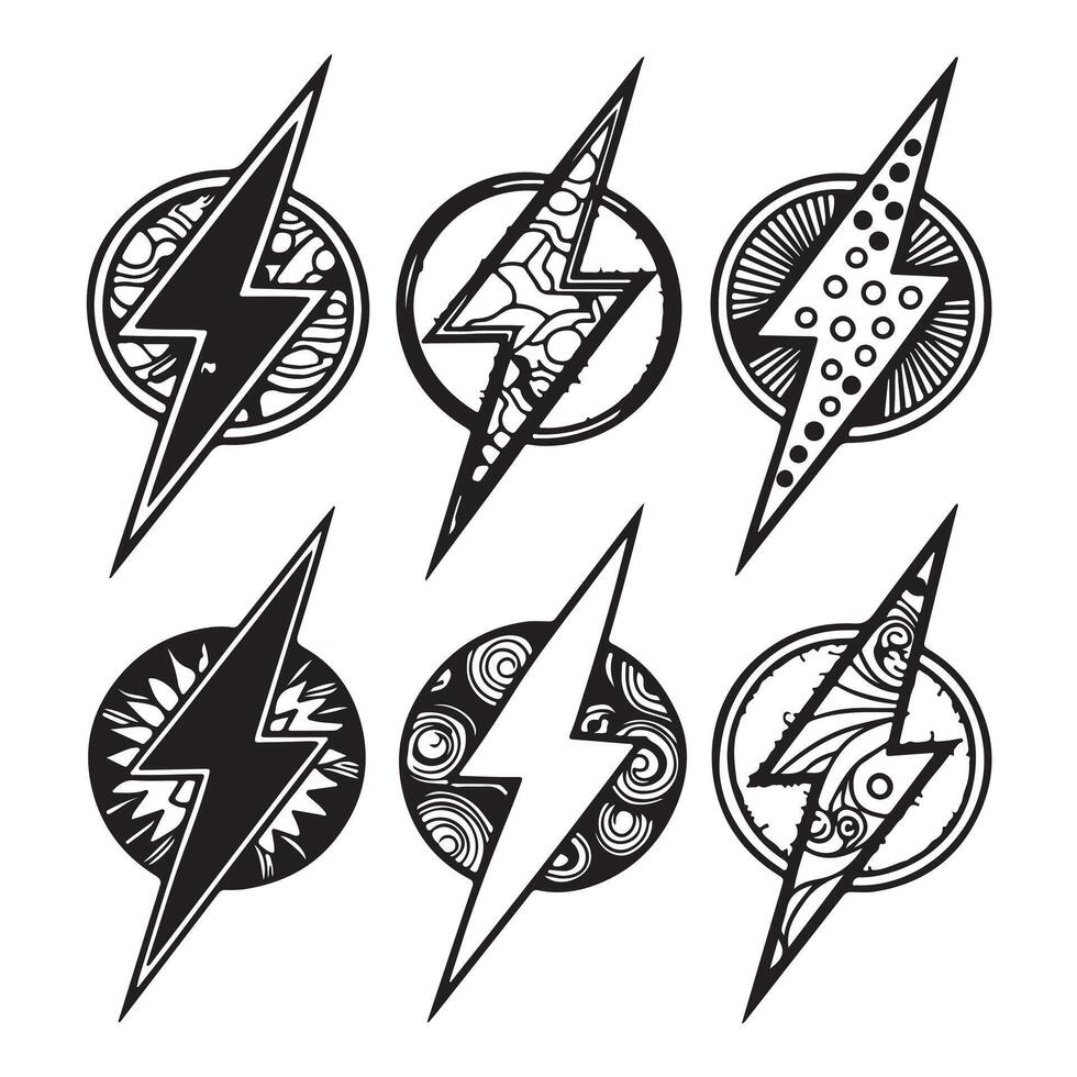 Six Stylish Black and White Lightning Bolt Designs in Circular Frames, Perfect for Tattoo Inspiration or Branding vector