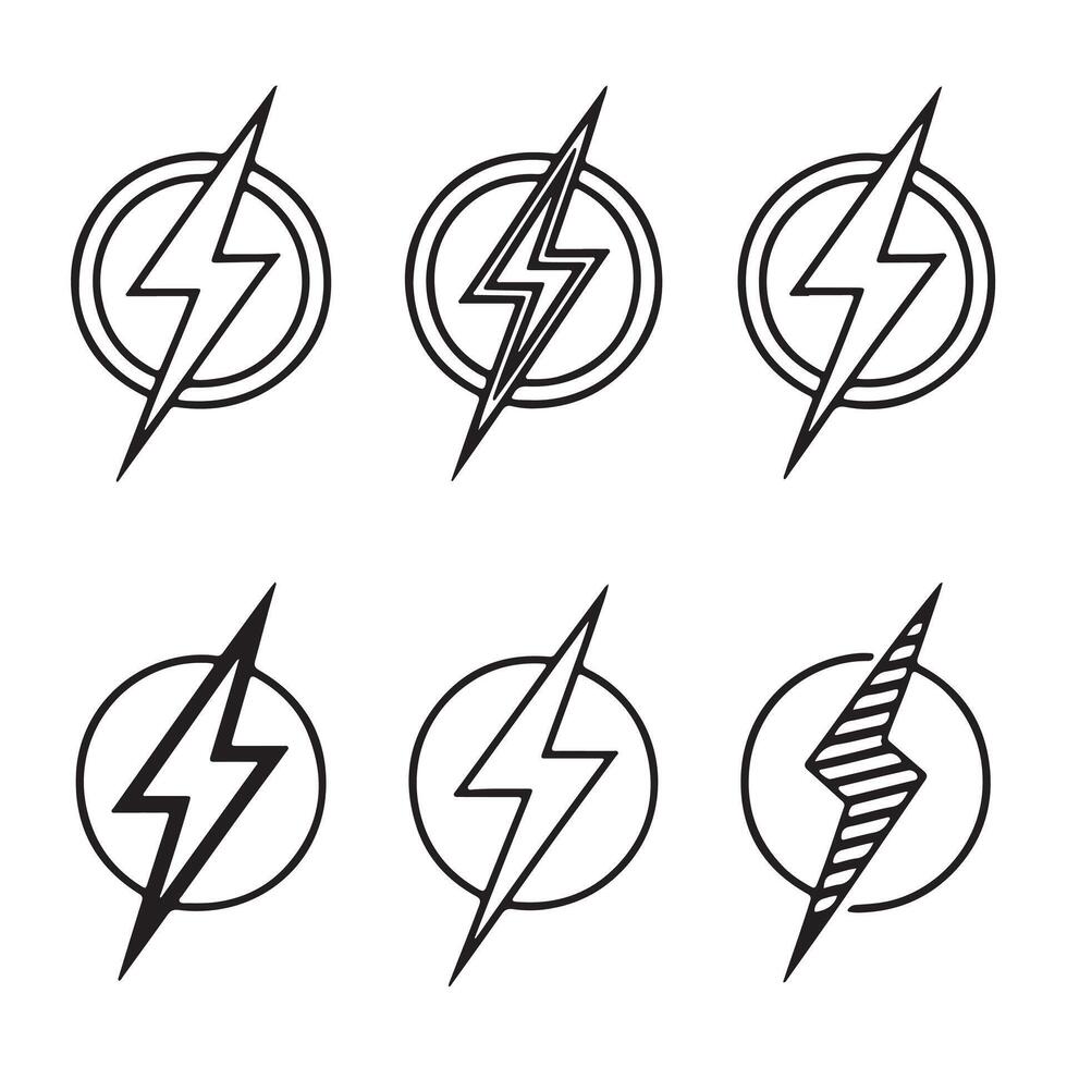 Six Stylish Line Art Lightning Bolt Designs in Circles Energetic, Bold, and Modern Flash Icons for Branding vector