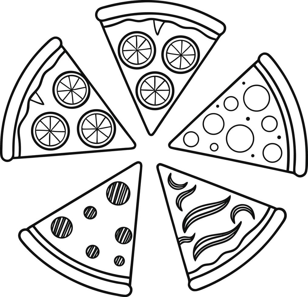 Five Delicious Pizza Slices in a Circle A Fun, Black and White Coloring Page Illustration vector