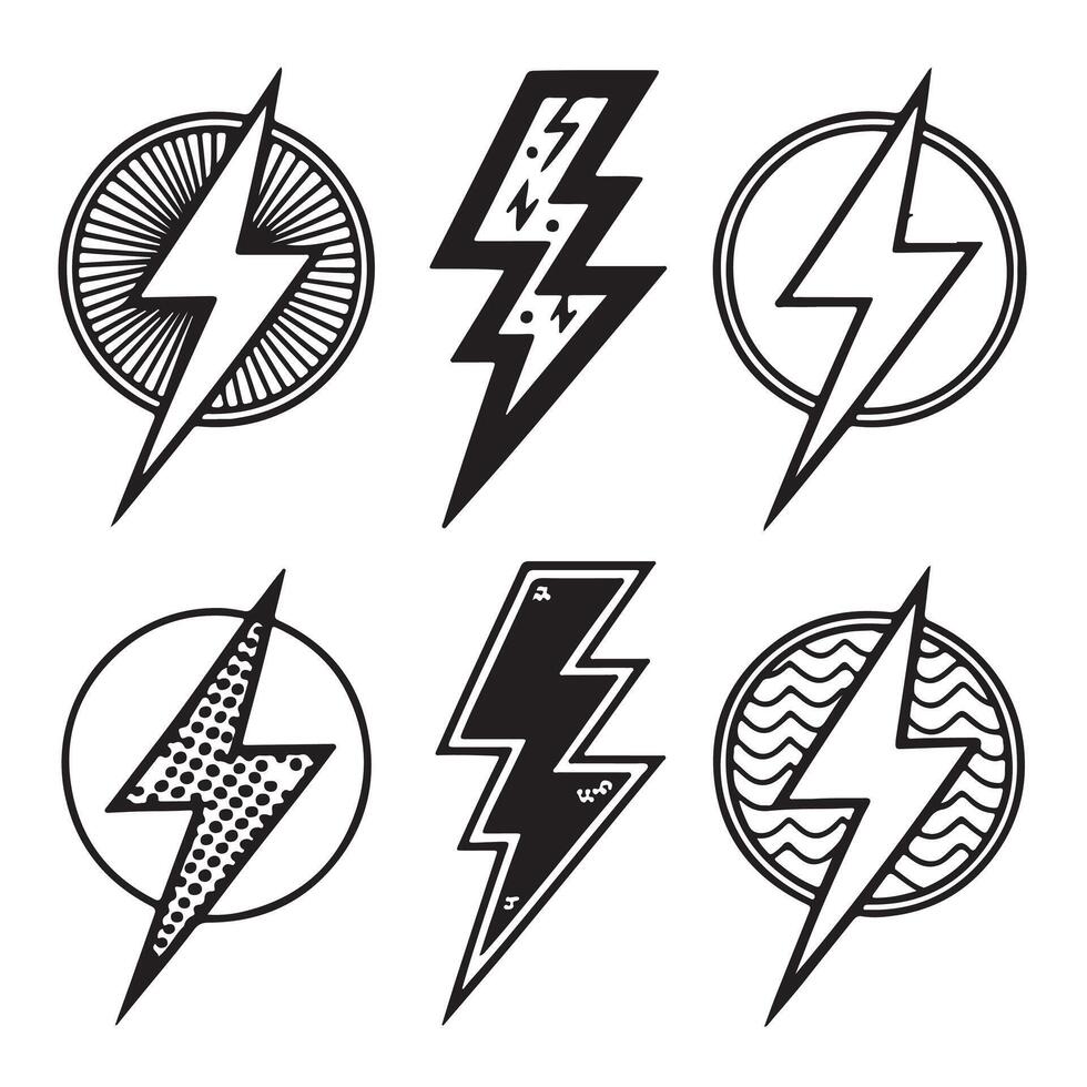 Six Stylish Retro Lightning Bolt Icons Energetic Flash Designs for Branding and Graphic Design Projects vector