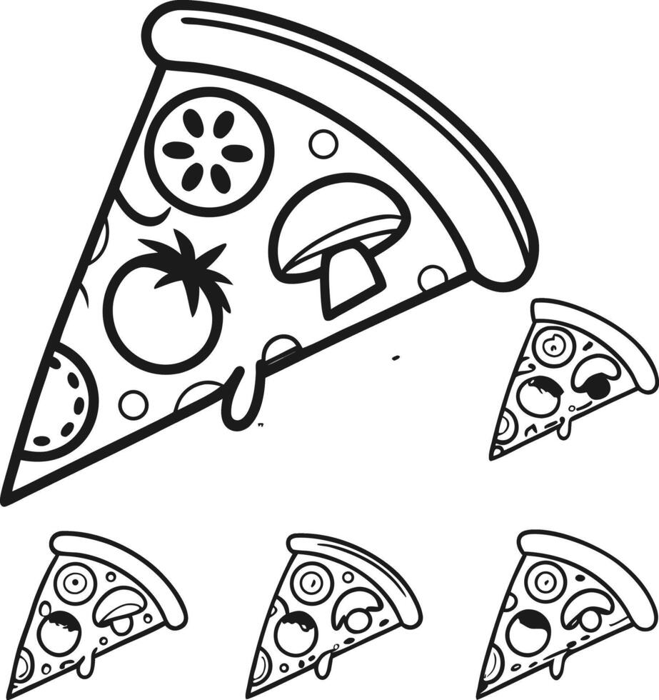 Delicious Cartoon Pizza Slice Illustration Cheesy, Fun, and Yummy Outline Drawing of Pizza with Toppings vector