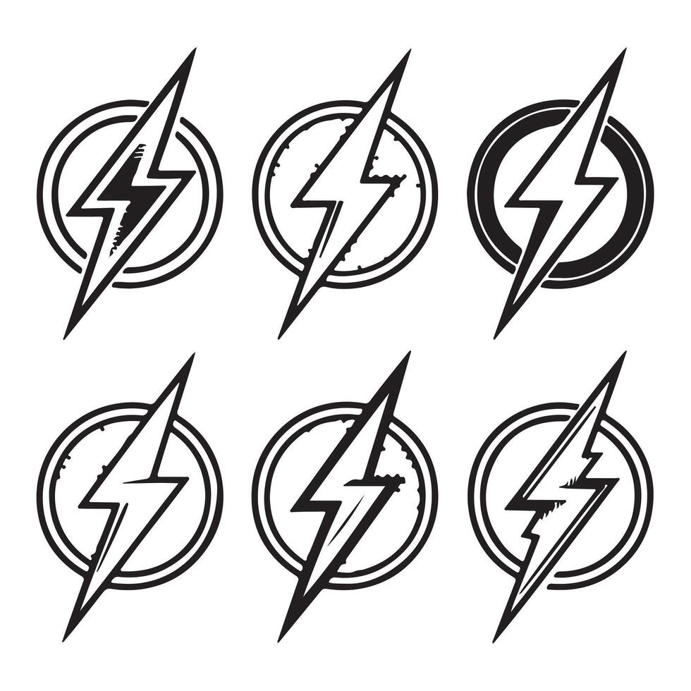 Six Stylish Hand-Drawn Lightning Bolt Icons in Circles, Perfect for Energetic Brand Designs and Projects vector