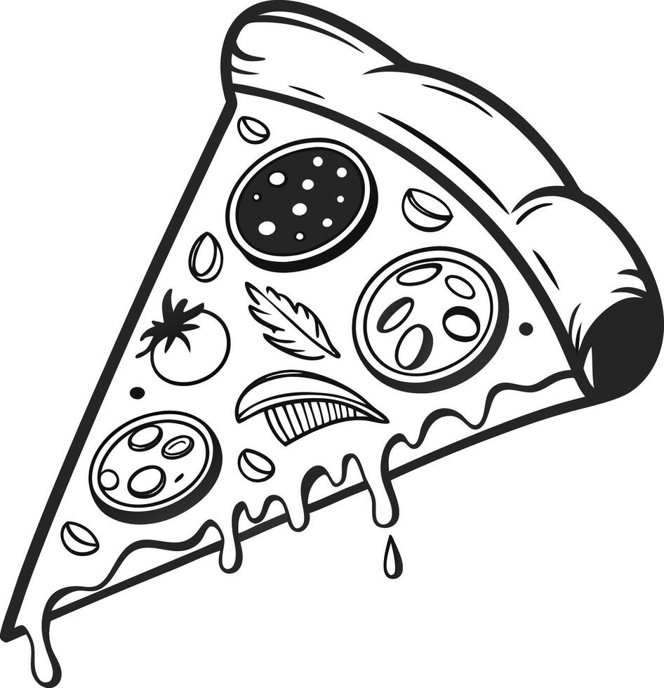 Delicious Melty Pizza Slice A Mouthwatering Black and White Illustration of a Pizza Slice with Toppings vector