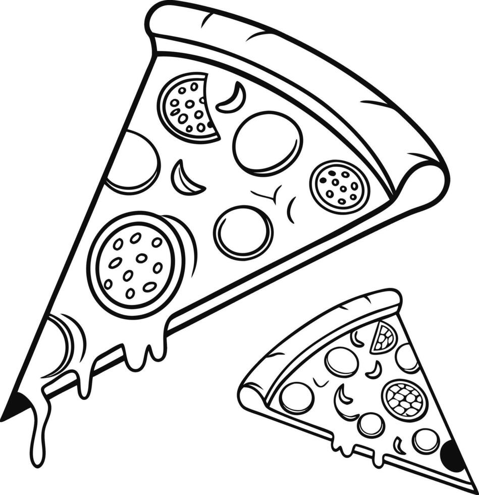 Delicious Melted Cheese Pizza Slice Coloring Page Fun Printable for Kids, Tasty Food Illustration, Black and White Outline Drawing vector