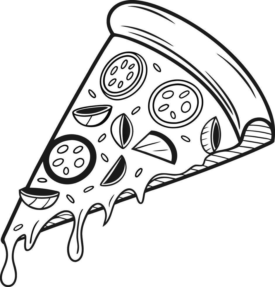 Delicious Melted Cheese Pizza Slice, Appetizing Food Illustration, Black and White Line Art, Yummy Fast Food, Cartoon Style vector
