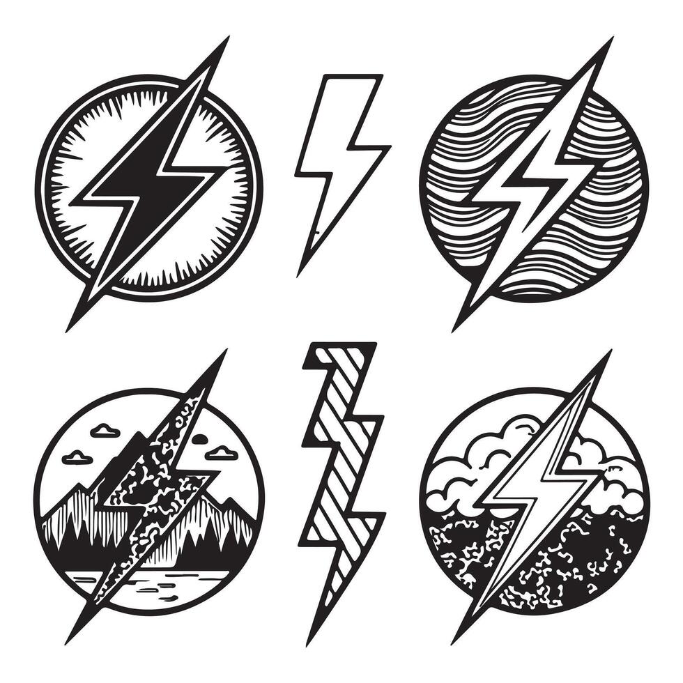 Six Stylish Hand-Drawn Lightning Bolt Designs Enchanting Nature and Power-Packed Symbols for Branding - Professional digital artwork with vibrant colors and detailed composition vector