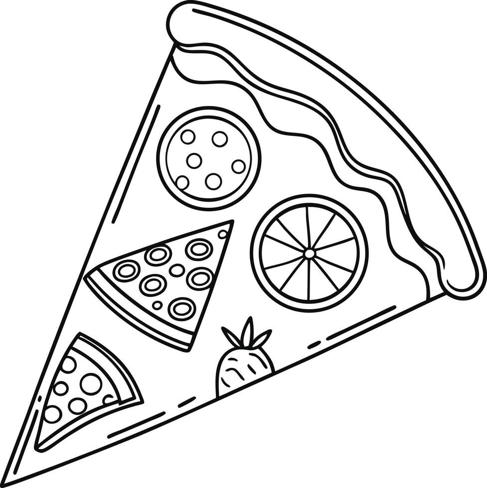 Delicious Hand-Drawn Slice of Pizza with Fruit, a Fun Summer Food Illustration, Whimsical Line Art vector