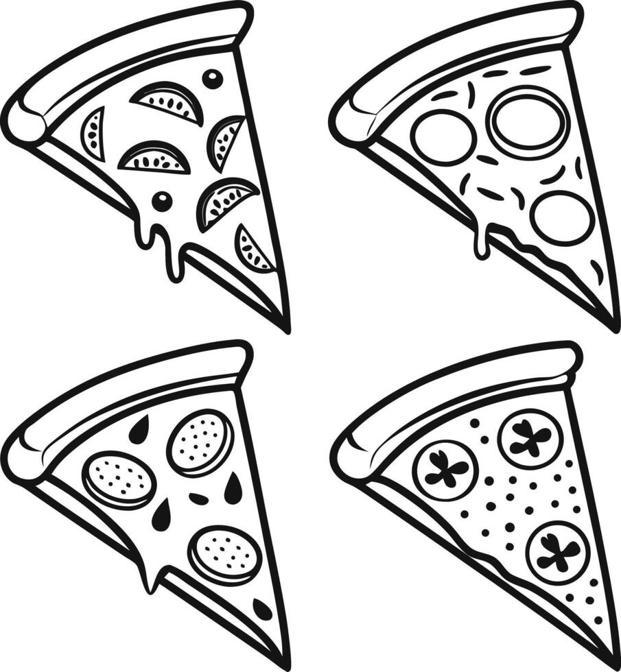 Delicious Black and White Pizza Slice Illustrations Four Yummy Varieties, Appetizing Food Graphics, Retro Style vector