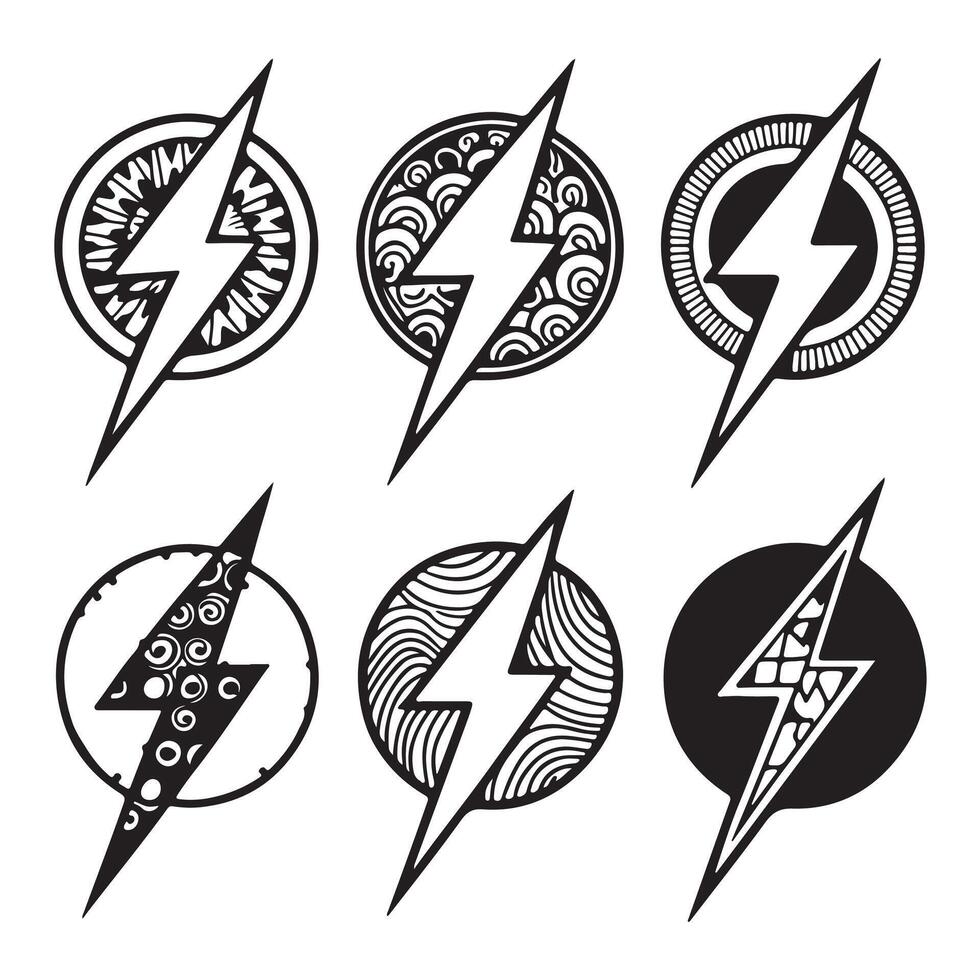 Six Stylish Ornate Lightning Bolt Designs in Circles Intricate, Hand-Drawn Flash Icons for Branding and Decoration vector