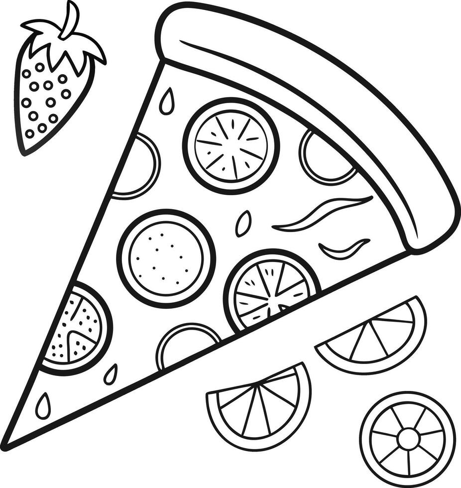 Delightful Coloring Page A Fun Pizza Slice with Fruit, a Cheerful and Yummy Treat for Kids vector