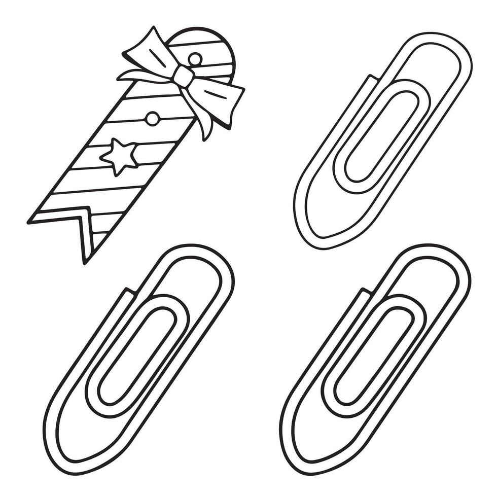 Adorable Black and White Illustration of Paperclips and a Festive Bookmark, Perfect for Coloring Pages and Scrapbooking Designs vector