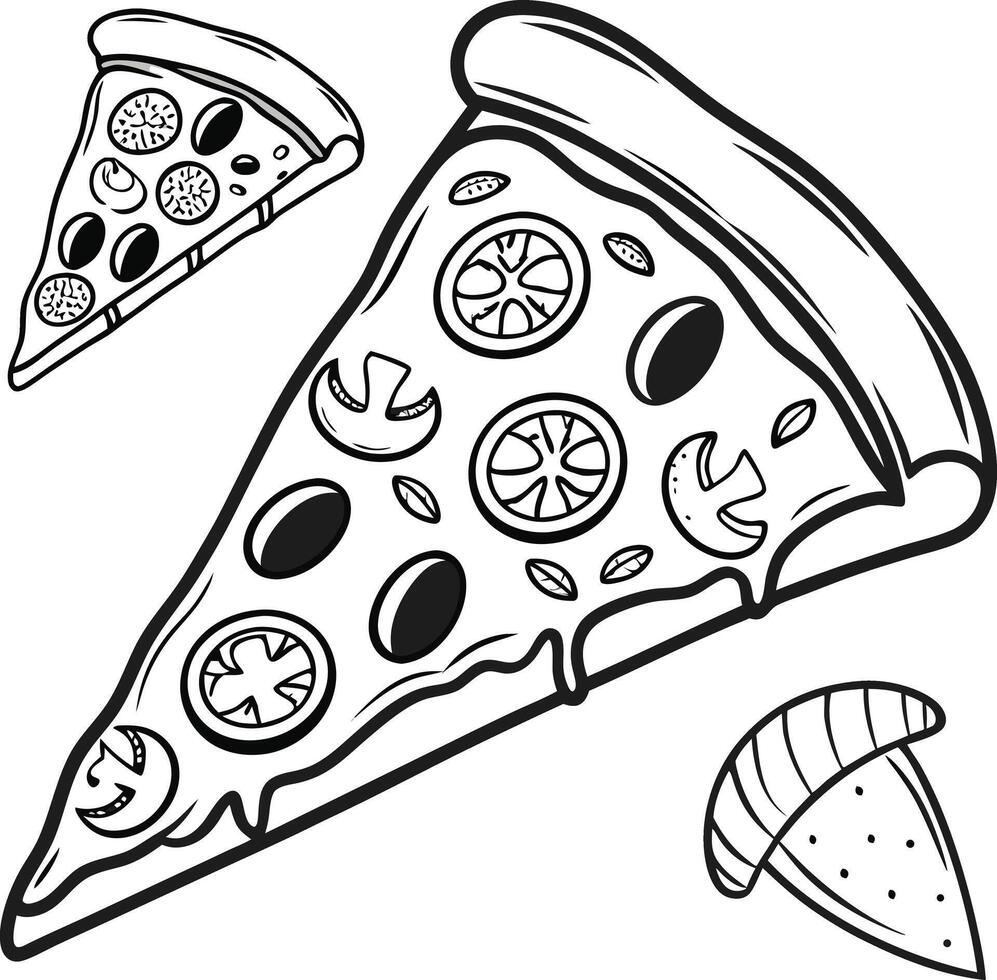 Delicious Hand-Drawn Pizza Slices A Tempting Black and White Illustration of Pizza with Olives, Mushrooms, and Tomatoes vector