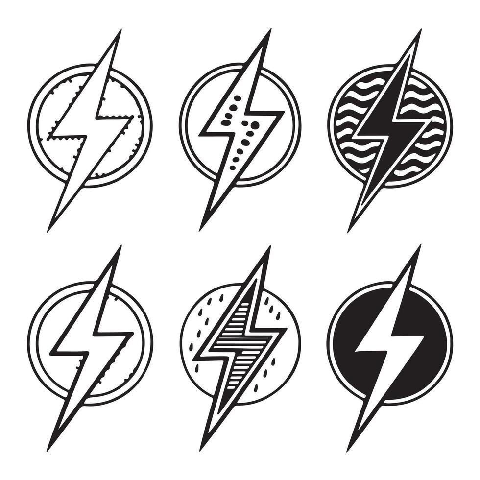Six Stylish Hand-Drawn Lightning Bolt Designs in Circles A Collection of Energetic, Bold Graphics for Branding and Design Projects vector