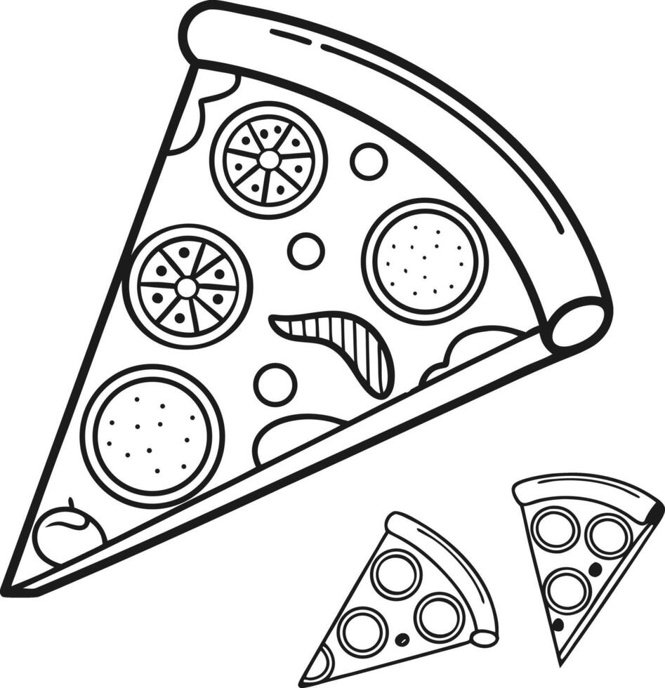 Delicious Hand-Drawn Pizza Slice Illustration A Fun, Whimsical Coloring Page Featuring a Large Pizza Slice and Two Smaller Ones vector