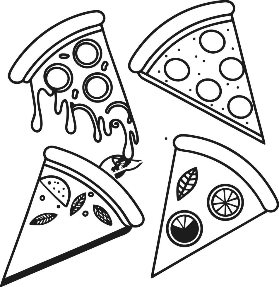 Delicious Melted Cheese Pizza Slices Four mouthwatering pizza slices with various toppings, displayed in a playful, appetizing line art style. vector
