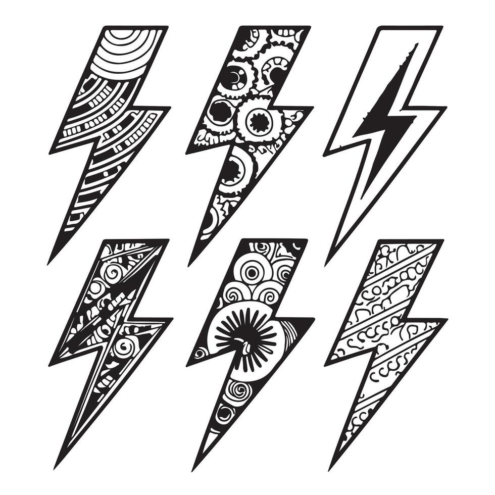 Six Ornate Lightning Bolt Designs Intricate Mandala Patterns, Powerful Energy, Bold Black and White Illustrations vector