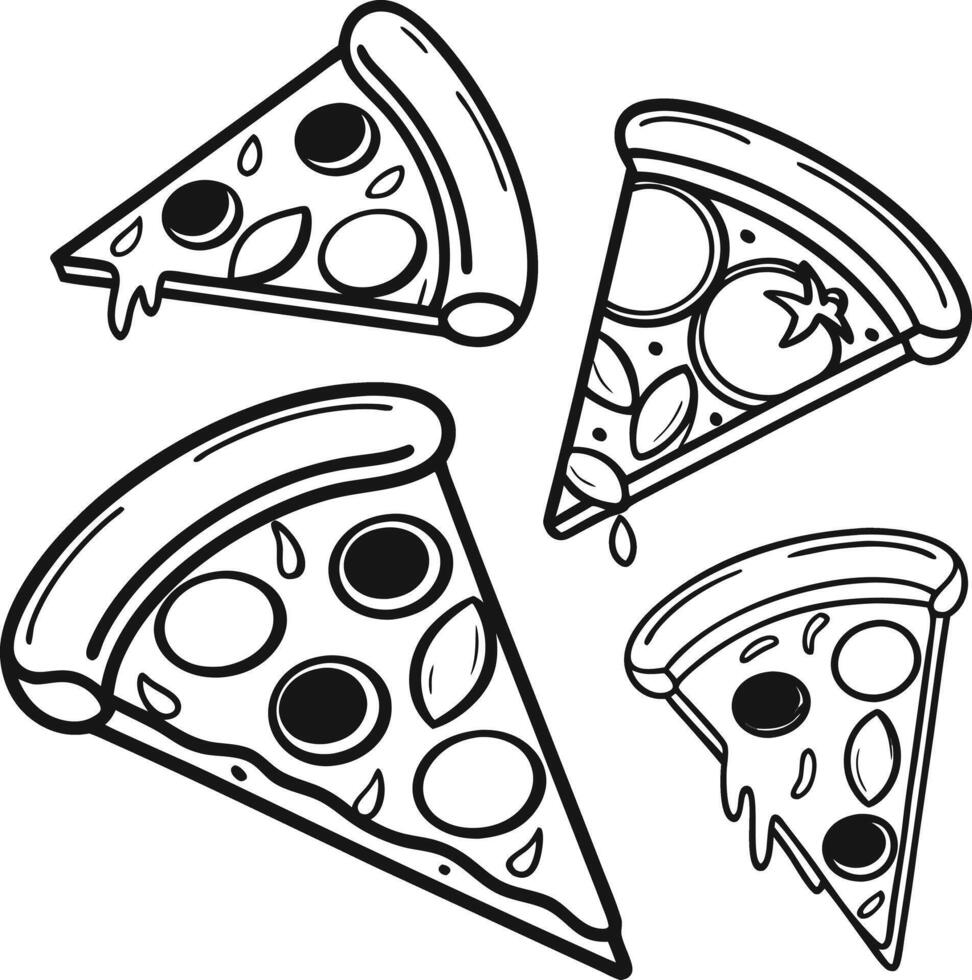 Delicious Pizza Slices A Collection of Four Mouthwatering, Hand-Drawn Pizza Illustrations in Black and White vector