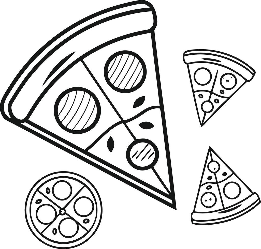 Delicious Hand-Drawn Pizza Slice Illustration A Whimsical, Black and White Food Drawing of Pizza with Toppings, Perfect for Menus, Websites, and Cookbooks vector