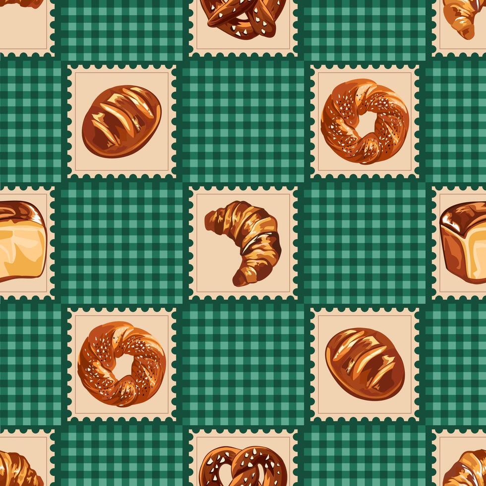 Vintage Bakery Stamp Grid Seamless Pattern on Green Plaid Background vector