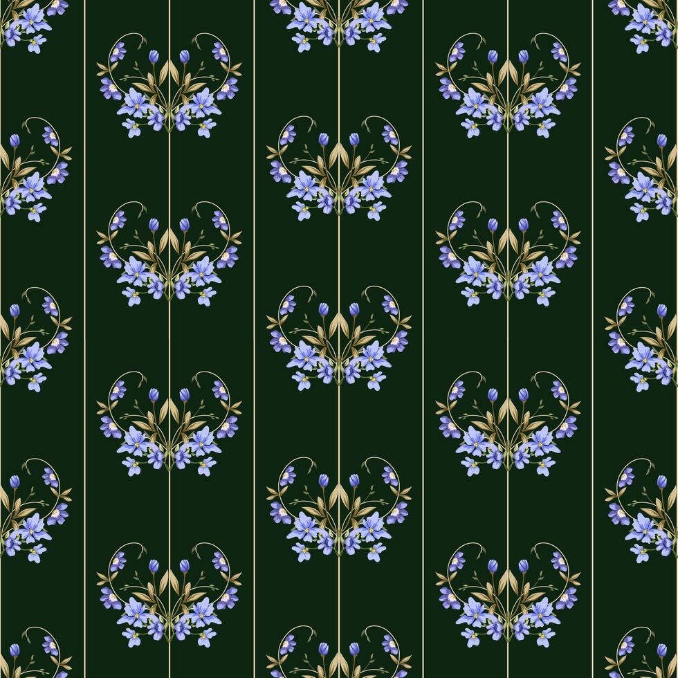 Elegant Vertical Floral Stripe Pattern with Blue Flowers on Dark Green Background vector