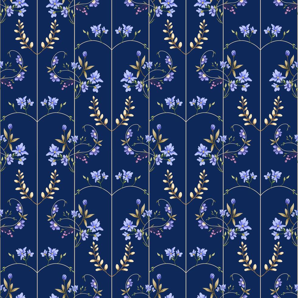 Elegant Curved Stripe Floral Pattern with Blue Flowers on Navy Background vector